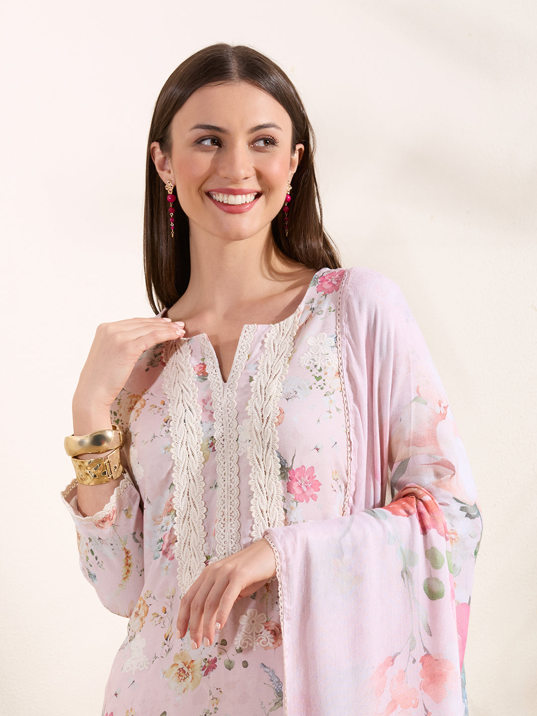 Floral Printed Embroidered Straight Fit Kurta with Pant and Dupatta - Powder Pink