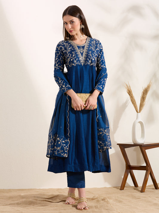 Solid Floral Embroidered Anarkali Flared Kurta with Pant and Dupatta - Teal Blue