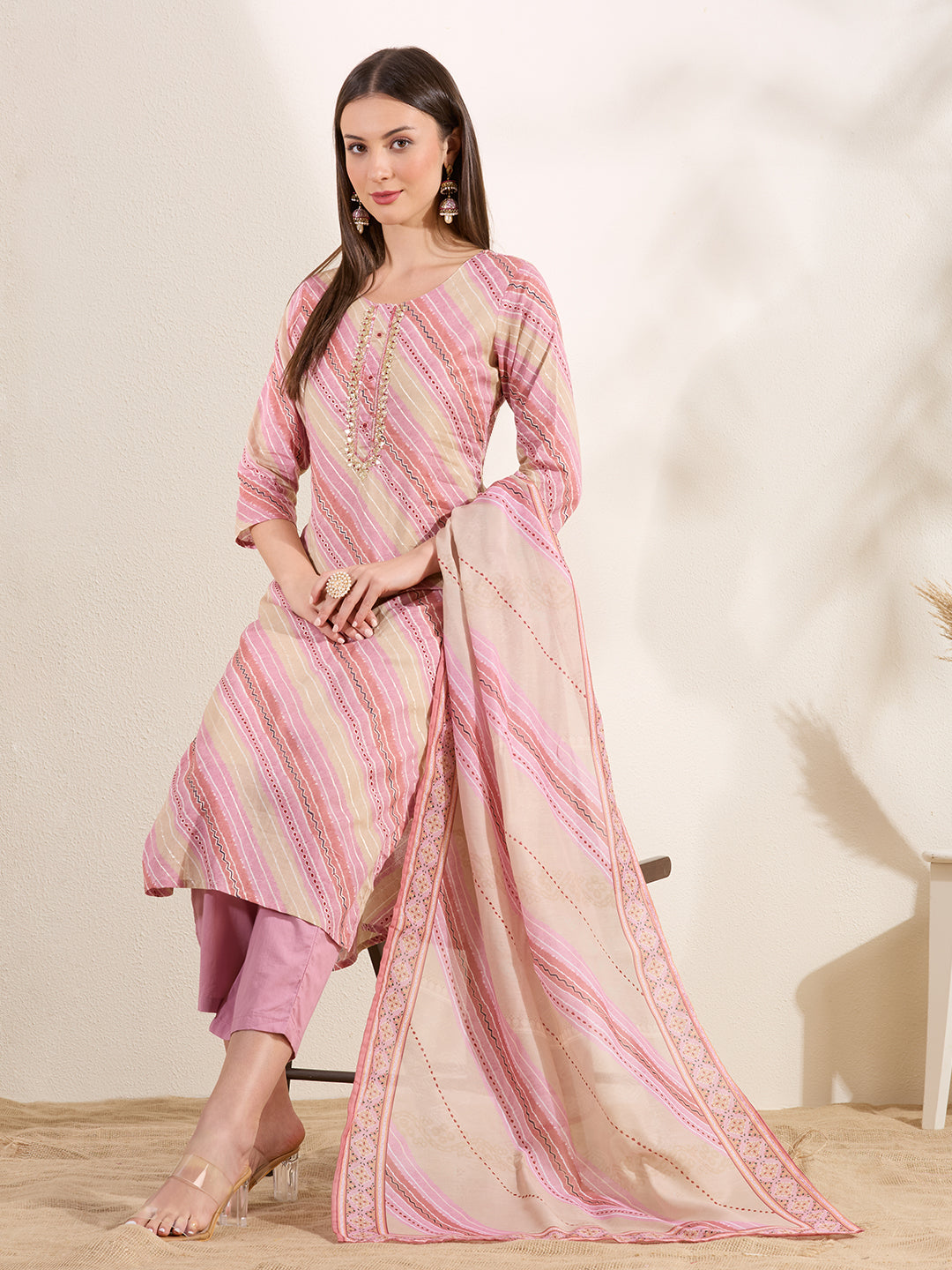Leheriya Printed Embroidered Straight Fit Kurta & Pant and Dupatta - Multi