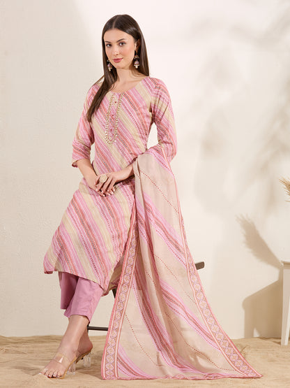 Leheriya Printed Embroidered Straight Fit Kurta & Pant and Dupatta - Multi