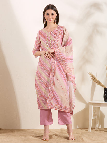 Leheriya Printed Embroidered Straight Fit Kurta & Pant and Dupatta - Multi