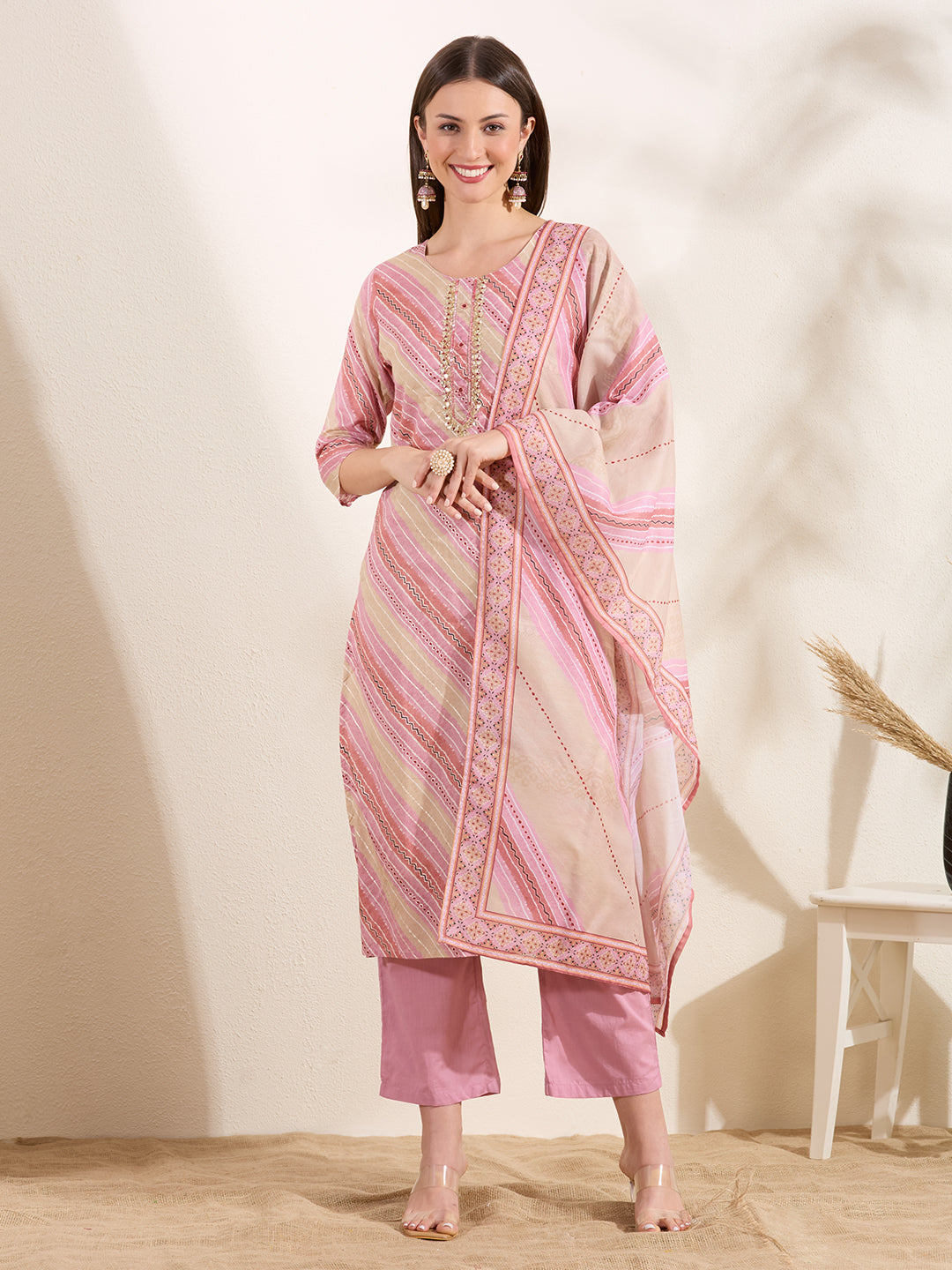Leheriya Printed Embroidered Straight Fit Kurta & Pant and Dupatta - Multi
