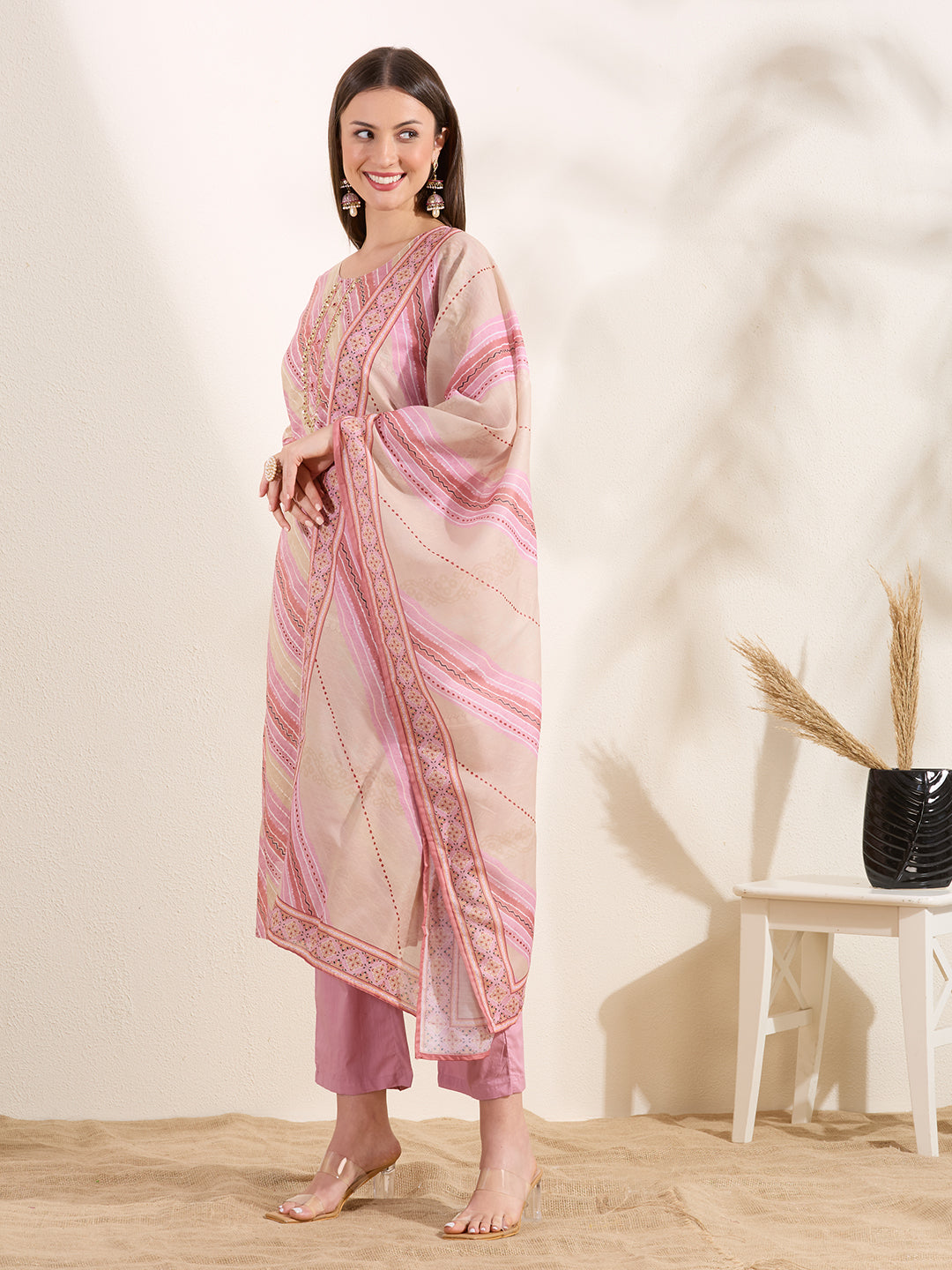 Leheriya Printed Embroidered Straight Fit Kurta & Pant and Dupatta - Multi