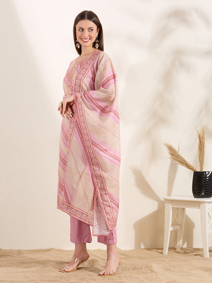 Leheriya Printed Embroidered Straight Fit Kurta & Pant and Dupatta - Multi