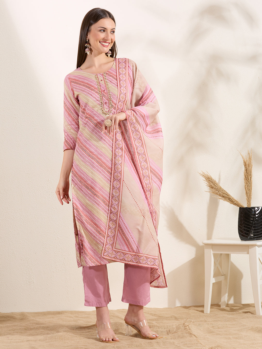 Leheriya Printed Embroidered Straight Fit Kurta & Pant and Dupatta - Multi