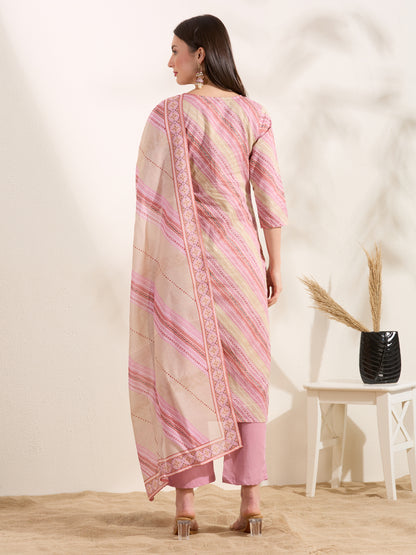 Leheriya Printed Embroidered Straight Fit Kurta & Pant and Dupatta - Multi