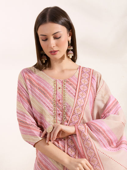 Leheriya Printed Embroidered Straight Fit Kurta & Pant and Dupatta - Multi