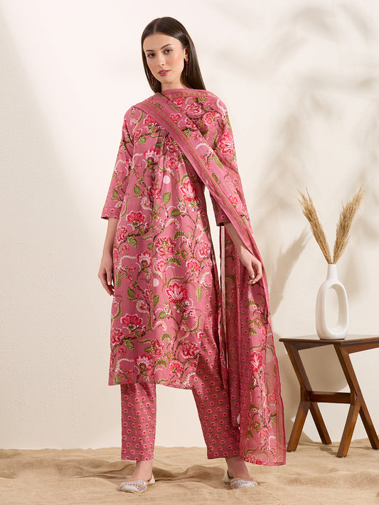 Floral Printed Embellished Straight Cut Kurta with Pant & Dupatta - Pink
