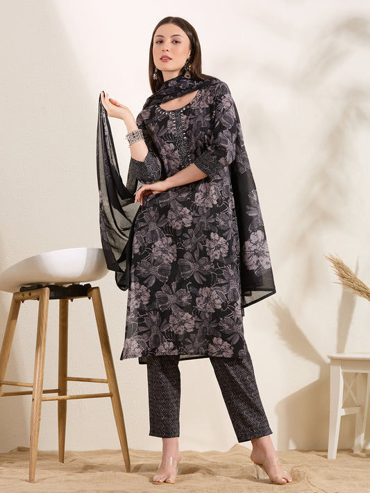 Floral Printed Embellished Straight Cut Kurta with Pant & Dupatta - Black