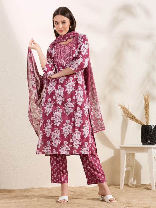 Ethnic Floral Printed & Mirror Embroidered Straight Kurta with Pant & Dupatta - Burgundy