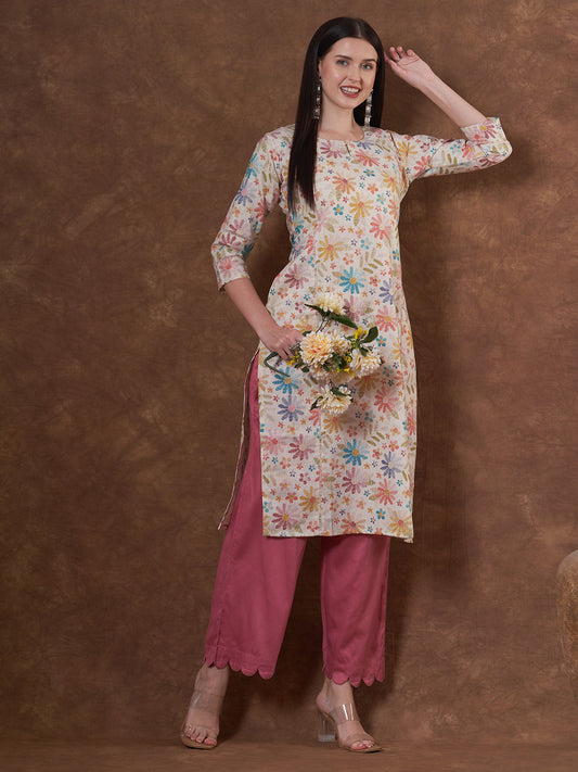 Sketchy Floral Printed Straight Fit Kurta - Cream