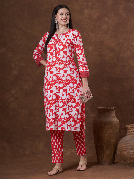 Ethnic Floral Printed Straight Fit Kurta with Pant - Red