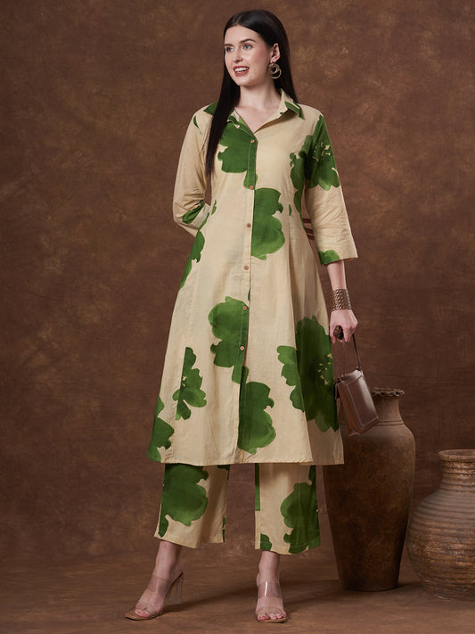 Abstract Floral Printed A-Line Paneled Co-ord Set - Green