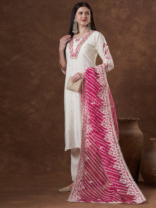Solid Ethnic Zari Embroidered Straight Kurta with Pant & Leheriya Dupatta - Off White