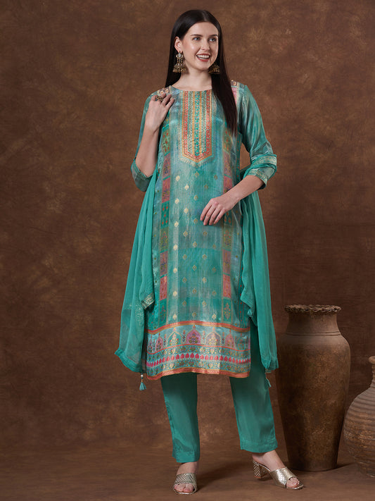 Solid Ethnic Embroidered & Woven Straight Kurta with Pant & Dupatta - Green