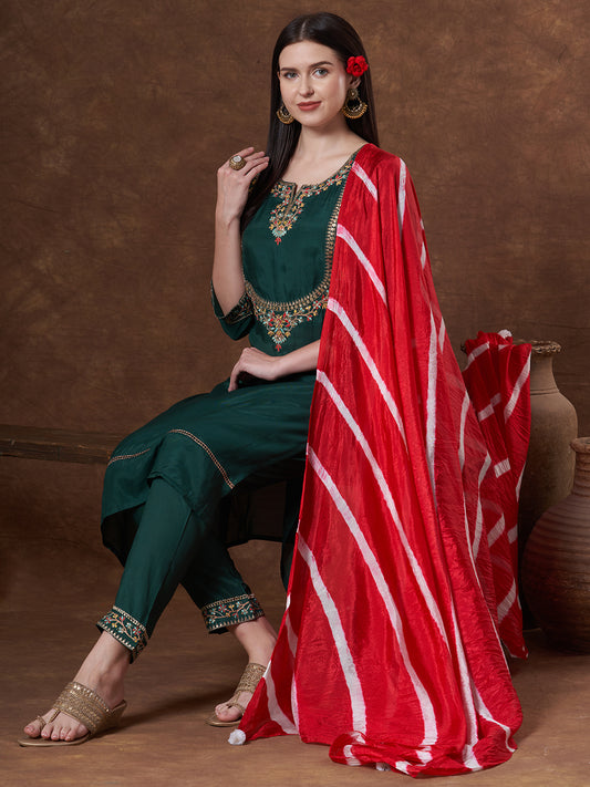 Solid Ethnic Embroidered Straight Fit Kurta with Pant & Dupatta - Green
