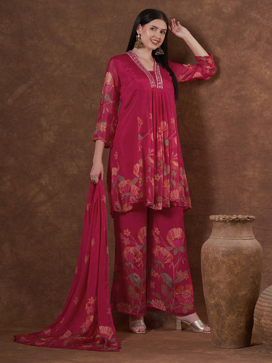 Abstract Floral Printed & Embroidered A-Line Paneled Kurta with Palazzo & Dupatta - Pink