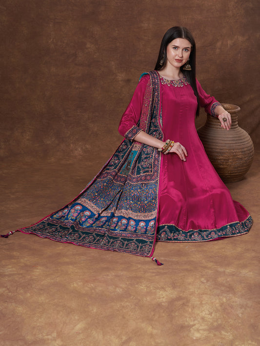 Ethnic Hand Embroidered Anarkali Kurta with Pant & Printed Dupatta - Pink