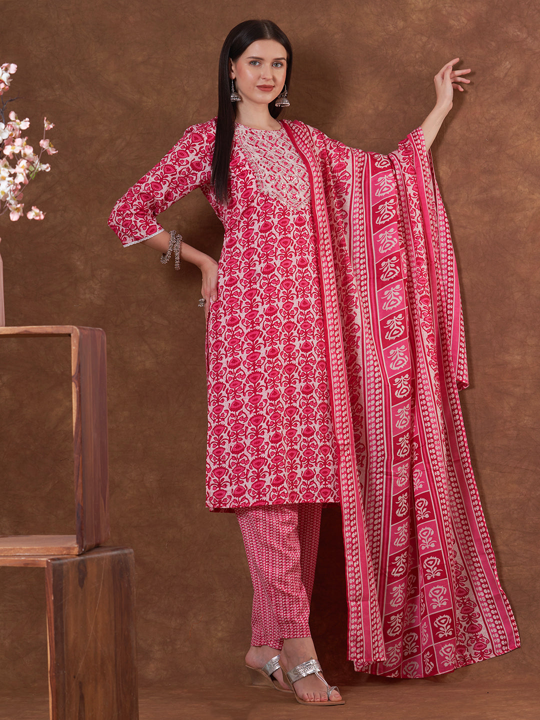 Floral Printed & Embroidered Straight Fit Kurta with Pant and Dupatta - Pink