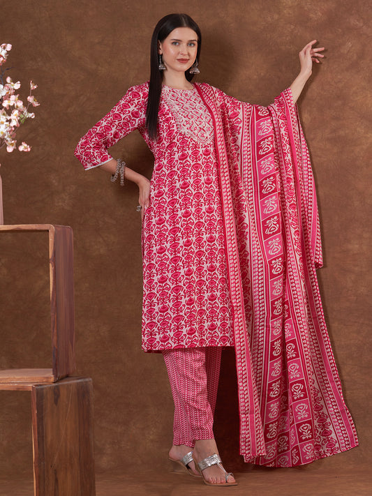 Floral Printed & Embroidered Straight Fit Kurta with Pant and Dupatta - Pink