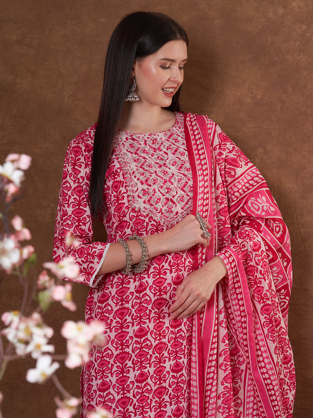 Floral Printed & Embroidered Straight Fit Kurta with Pant and Dupatta - Pink