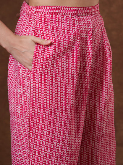 Floral Printed & Embroidered Straight Fit Kurta with Pant and Dupatta - Pink