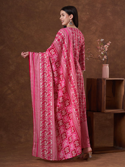 Floral Printed & Embroidered Straight Fit Kurta with Pant and Dupatta - Pink