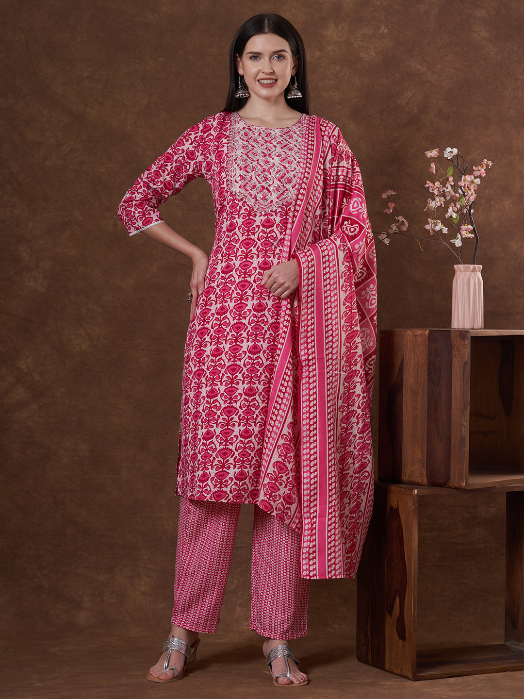 Floral Printed & Embroidered Straight Fit Kurta with Pant and Dupatta - Pink