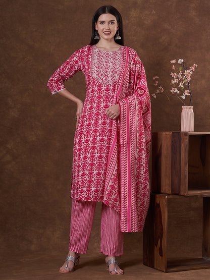 Floral Printed & Embroidered Straight Fit Kurta with Pant and Dupatta - Pink