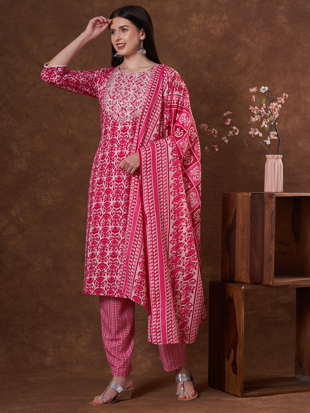 Floral Printed & Embroidered Straight Fit Kurta with Pant and Dupatta - Pink
