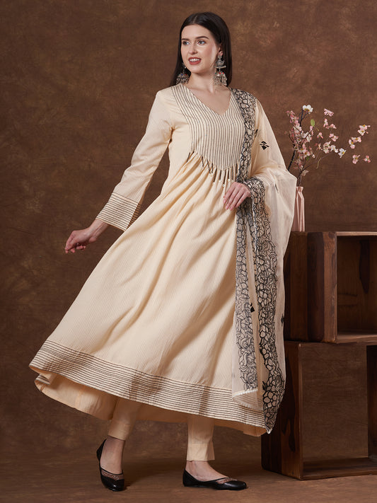 Solid Threadwork A-Line Pleated Kurta with Pant and Organza Dupatta - Cream