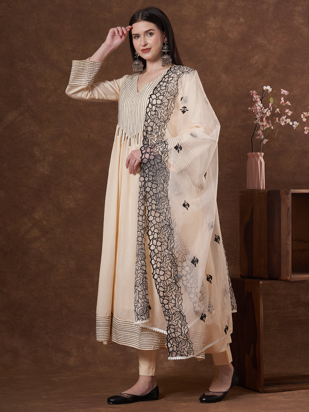 Solid Threadwork A-Line Pleated Kurta with Pant and Organza Dupatta - Cream