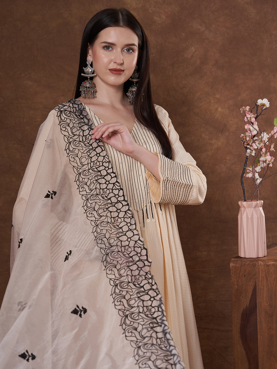 Solid Threadwork A-Line Pleated Kurta with Pant and Organza Dupatta - Cream