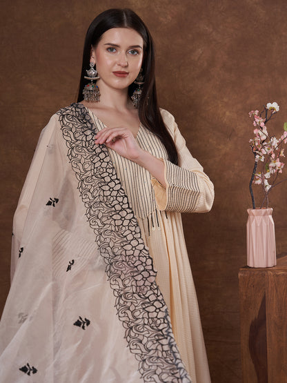 Solid Threadwork A-Line Pleated Kurta with Pant and Organza Dupatta - Cream