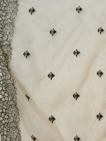 Solid Threadwork A-Line Pleated Kurta with Pant and Organza Dupatta - Cream