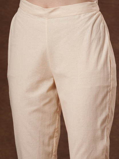 Solid Threadwork A-Line Pleated Kurta with Pant and Organza Dupatta - Cream
