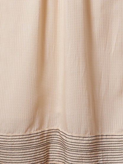 Solid Threadwork A-Line Pleated Kurta with Pant and Organza Dupatta - Cream