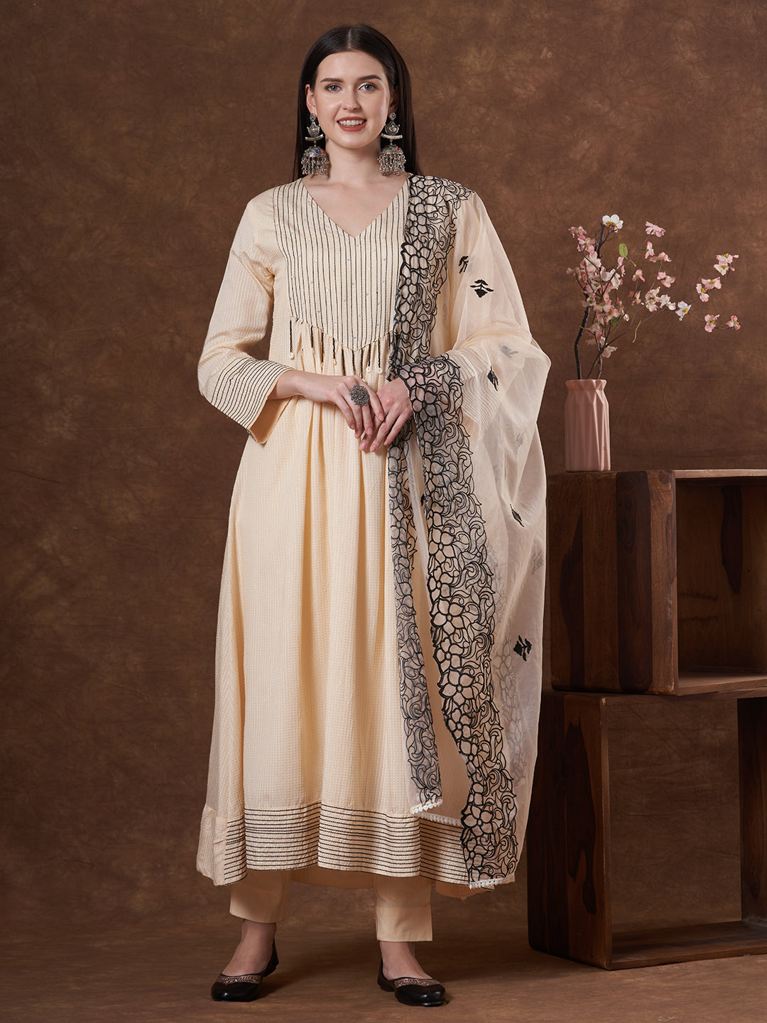 Solid Threadwork A-Line Pleated Kurta with Pant and Organza Dupatta - Cream