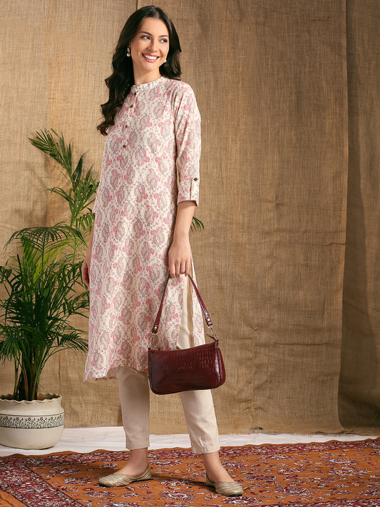 Ethnic Floral Printed Straight Fit Kurta - Cream