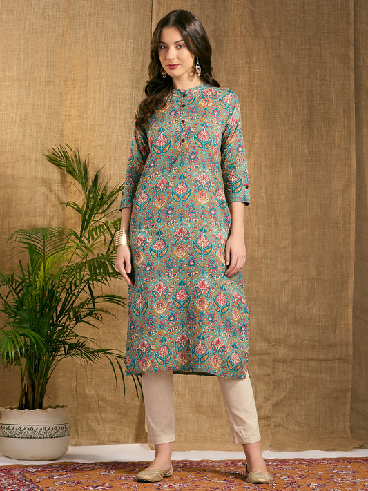 Ethnic Floral printed Straight Fit Kurta - Multi