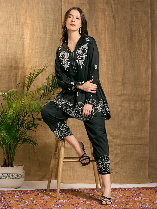 Abstract Floral Threadwork Embroidered A-Line Top with Salwar - Black