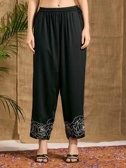 Abstract Floral Threadwork Embroidered A-Line Top with Salwar - Black