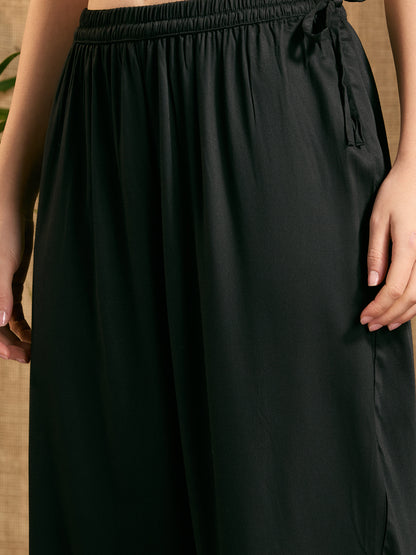 Abstract Floral Threadwork Embroidered A-Line Top with Salwar - Black