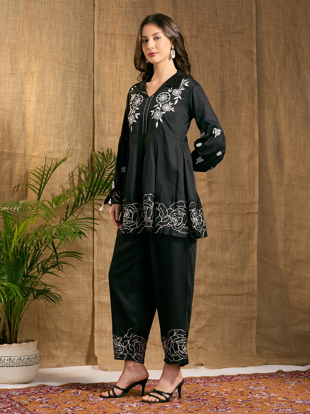 Abstract Floral Threadwork Embroidered A-Line Top with Salwar - Black