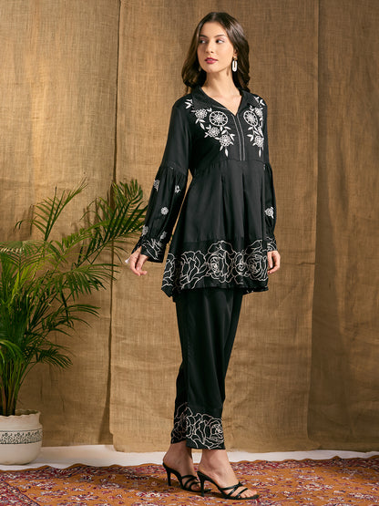 Abstract Floral Threadwork Embroidered A-Line Top with Salwar - Black