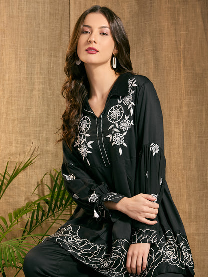 Abstract Floral Threadwork Embroidered A-Line Top with Salwar - Black