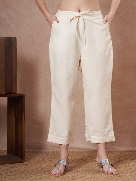 Solid Resham & Sequin Embroidered Straight Fit Palazzo - Cream