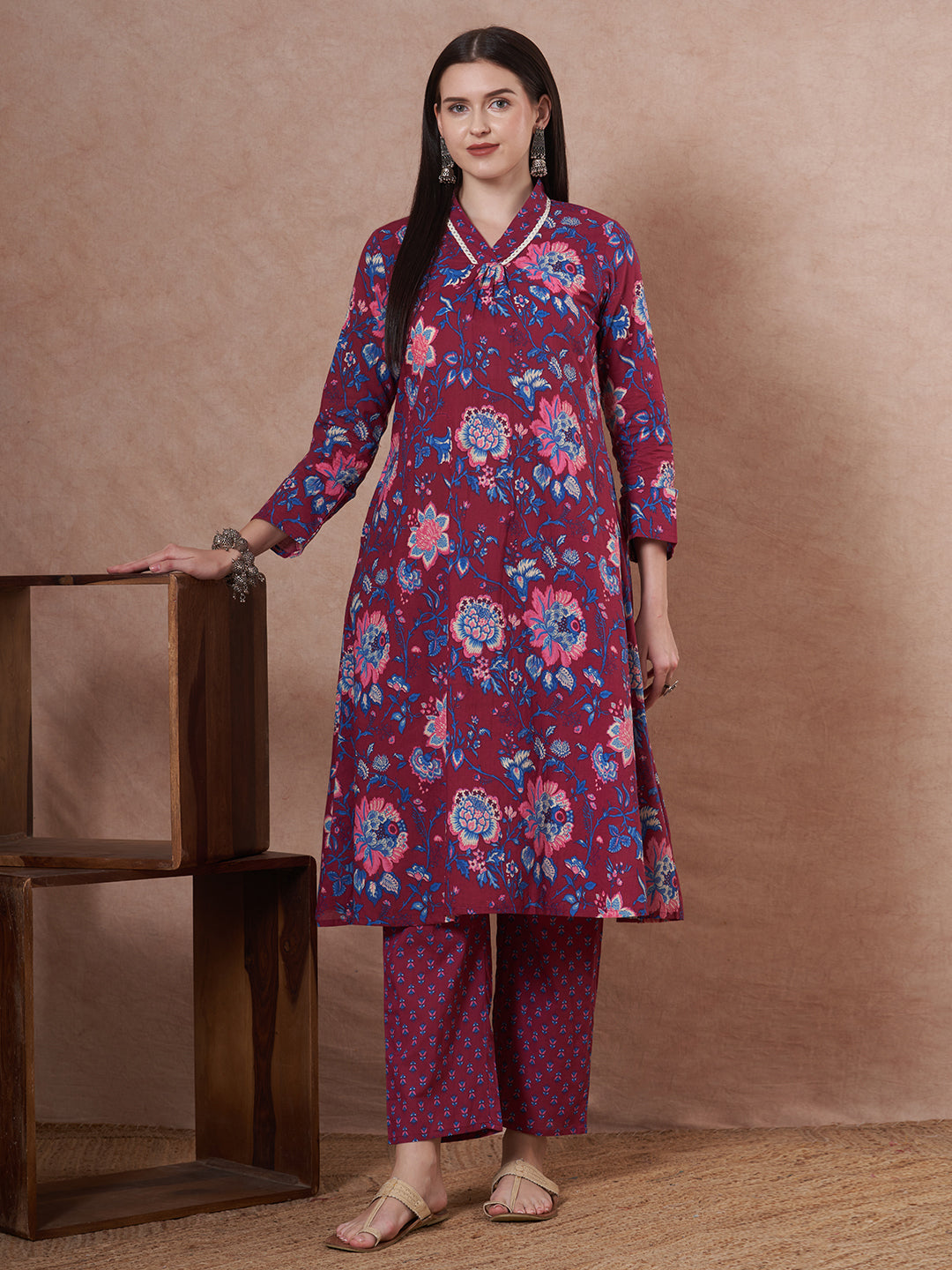 Ethnic Floral Printed A-Line Kurta with Pant - Purple
