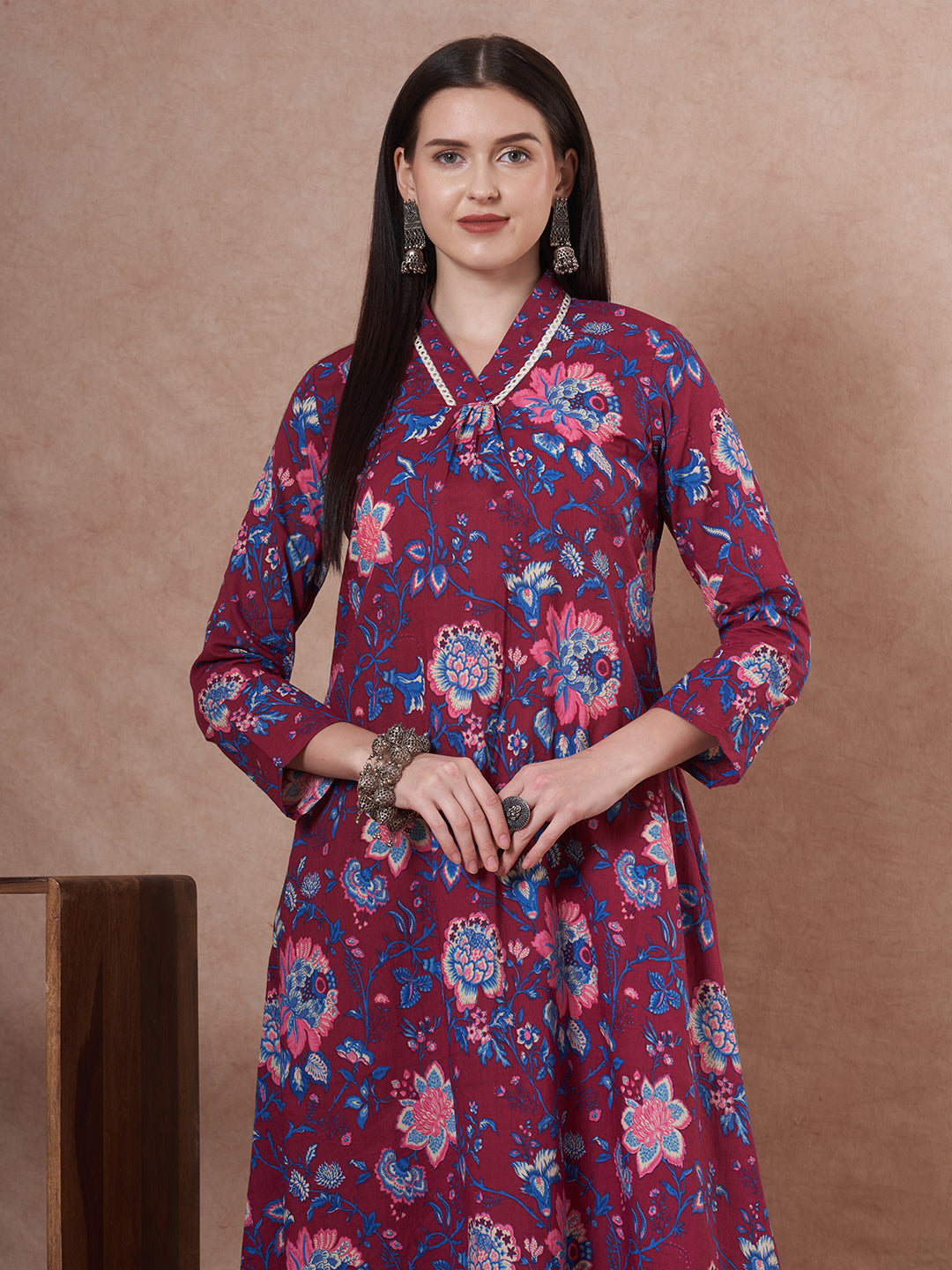 Ethnic Floral Printed A-Line Kurta with Pant - Purple