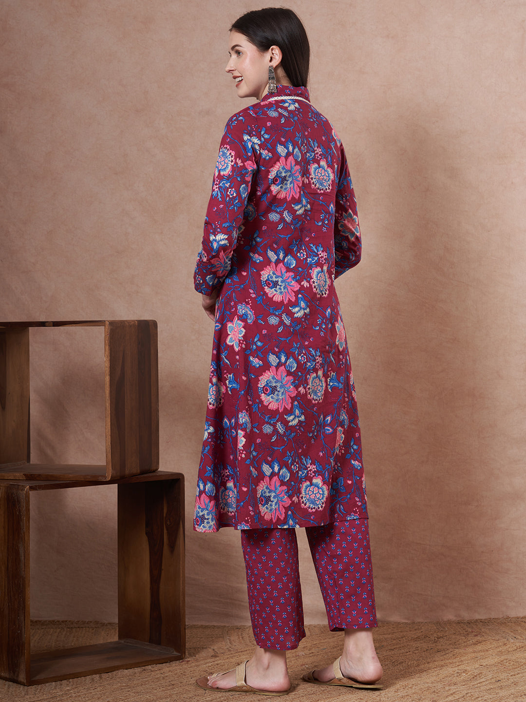 Ethnic Floral Printed A-Line Kurta with Pant - Purple